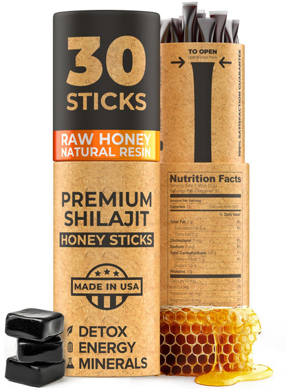 NATURAL SHILAJIT Honey Sticks – Shilajit Resin with Raw Honey, Fulvic Acid & Minerals (30 Sticks)