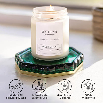 Craft & Kin Fresh Linen Soy Candle – 8 oz, Wood Wick, 45-Hour Burn