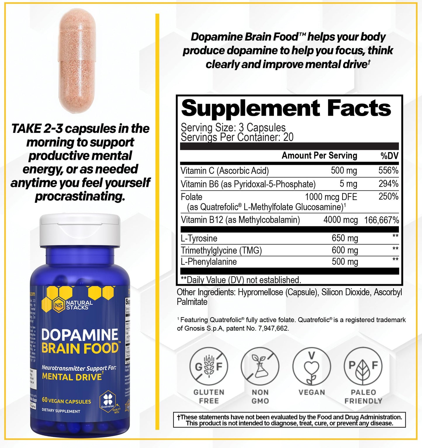 Natural Stacks Dopamine Brain Food - 650 mg L-Tyrosine for Focus & Mental Drive (60 Capsules)