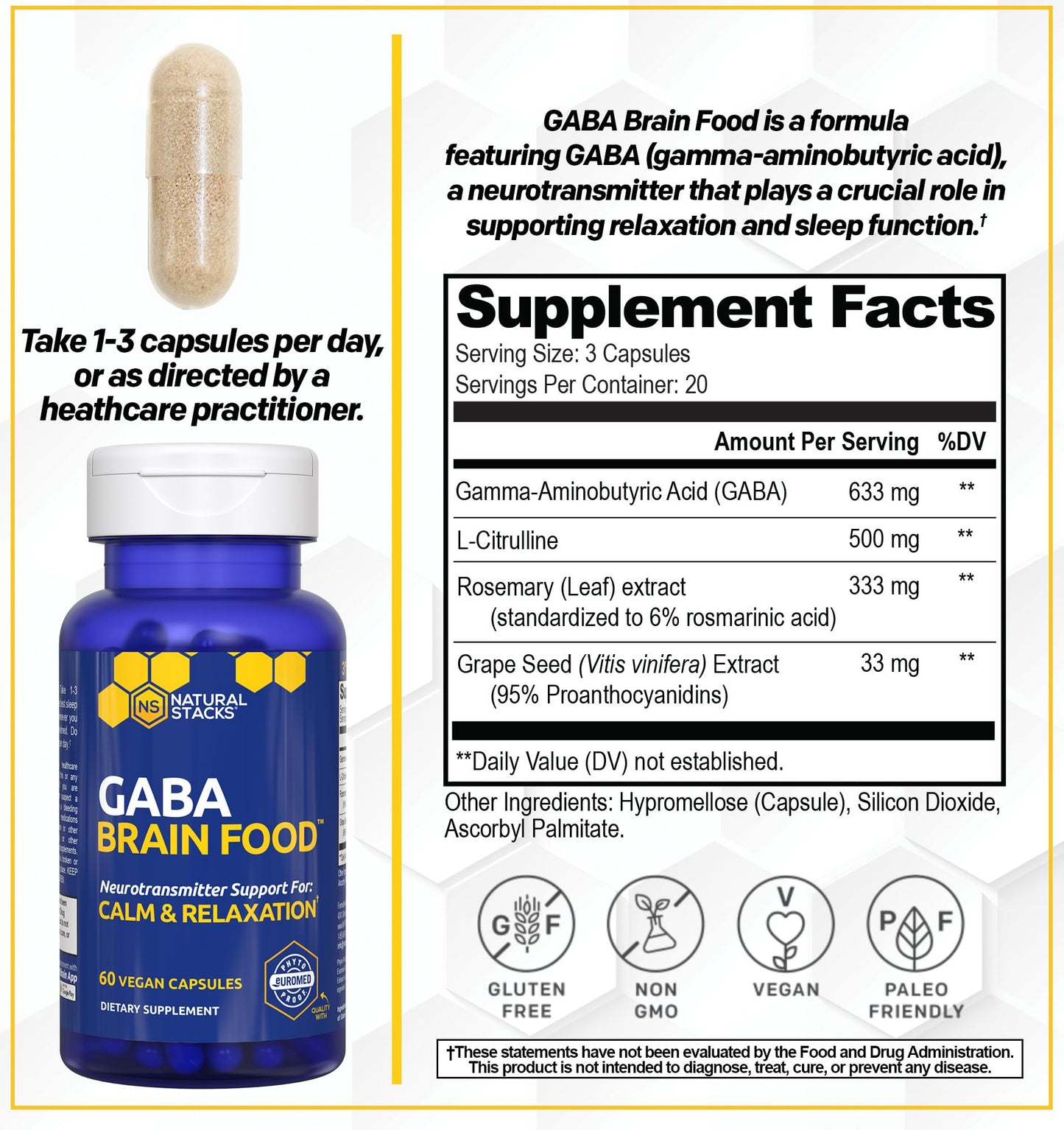 Natural Stacks GABA Brain Food - Calm & Sleep Support, 120 L-Citrulline Capsules
