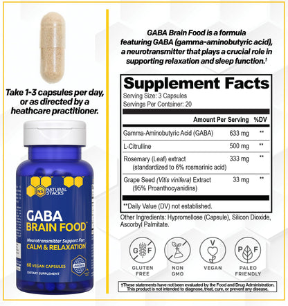 Natural Stacks GABA Brain Food - Calm & Sleep Support, 120 L-Citrulline Capsules