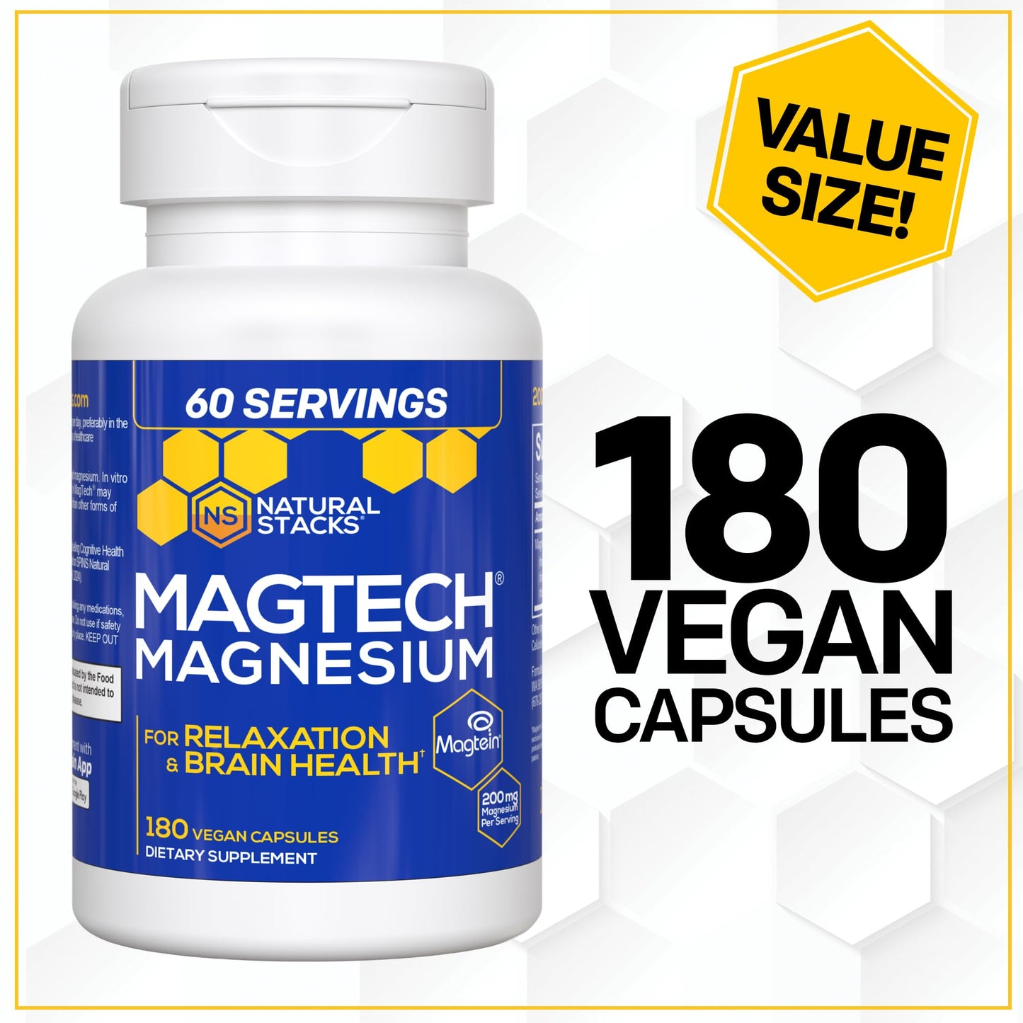 MagTech Magnesium Complex - 3-Form Magnesium (Magtein L-Threonate, Glycinate & Taurate) 200mg, 180 Capsules | NATURAL STACKS