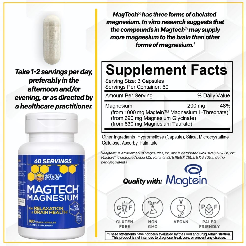 MagTech Magnesium Complex - 3-Form Magnesium (Magtein L-Threonate, Glycinate & Taurate) 200mg, 180 Capsules | NATURAL STACKS