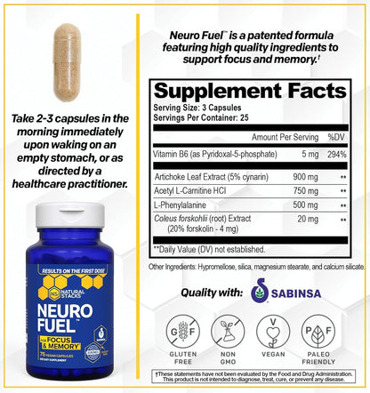 NATURAL STACKS NeuroFuel Nootropic – 750mg L-Carnitine & 500mg L-Phenylalanine – Focus & Memory Support – 75 Pills