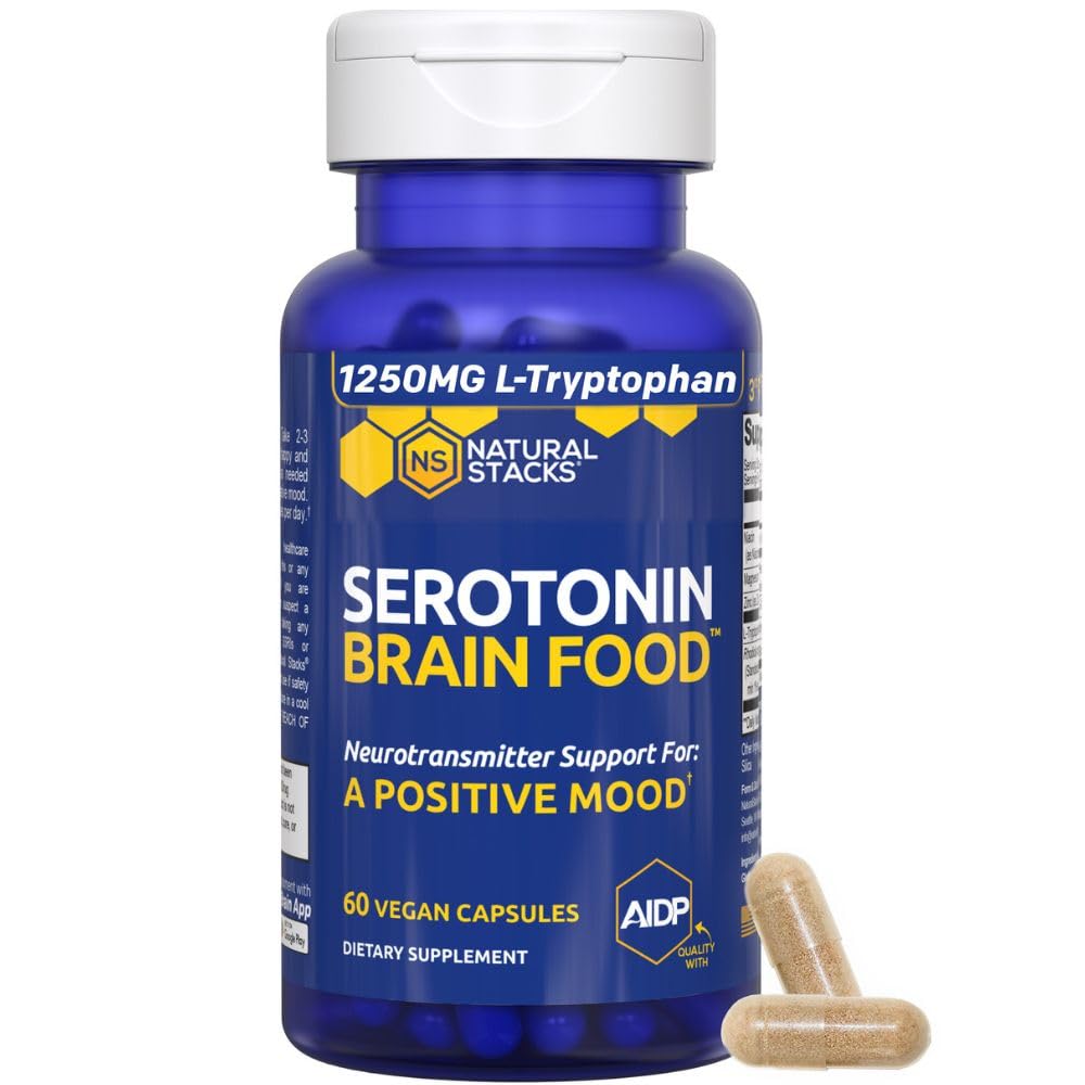 Natural Stacks Serotonin Brain Food – 1250mg L-Tryptophan & 400mg Rhodiola Rosea – Mood Support with Magnesium Glycinate & Zinc – 60 Capsules