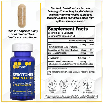 Natural Stacks Serotonin Brain Food – 1250mg L-Tryptophan & 400mg Rhodiola Rosea – Mood Support with Magnesium Glycinate & Zinc – 60 Capsules