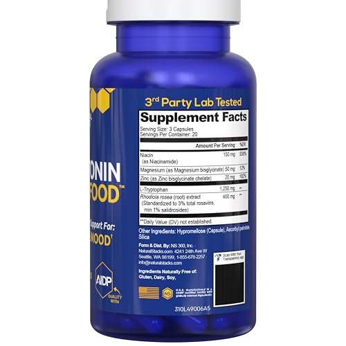 Natural Stacks Serotonin Brain Food – 1250mg L-Tryptophan & 400mg Rhodiola Rosea – Mood Support with Magnesium Glycinate & Zinc – 60 Capsules