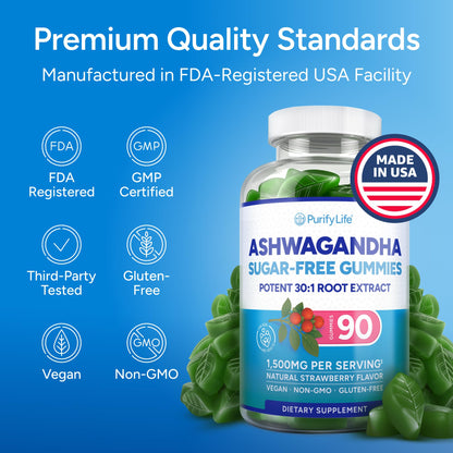 Sugar-Free Ashwagandha Gummies for Stress, Sleep & Mood Support | 30:1 Extract • Vegan Adaptogen • 90 Gummies