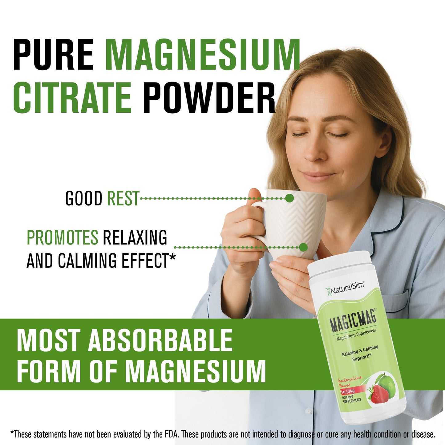 NaturalSlim MagicMag Pure Magnesium Citrate Powder – Strawberry Lime Drink Mix (8oz, 2 Pack)