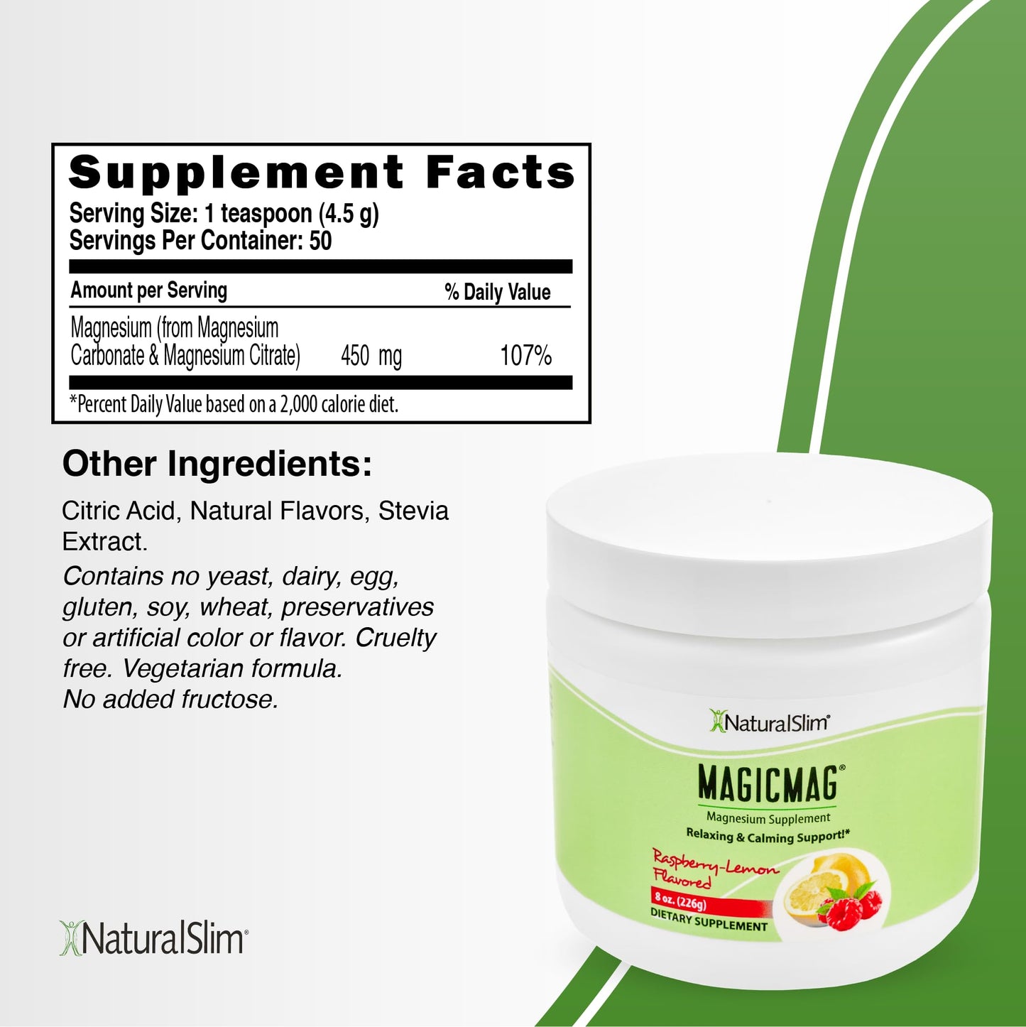 NaturalSlim MagicMag Pure Magnesium Citrate Powder – Raspberry Lemon Drink Mix, 8 oz (2 Pack)