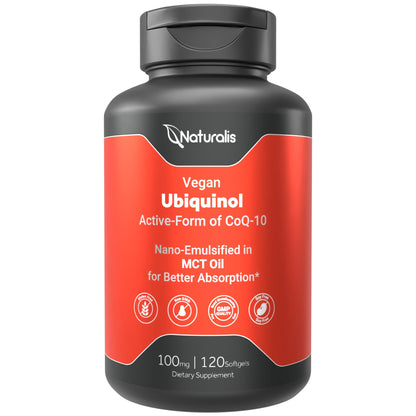 Naturalis Ubiquinol 100mg CoQ-10 Emulsified in MCT Oil – 120 Softgels | Gluten Free, Non-GMO & Soy-Free | Cardiovascular Wellness