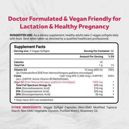 Naturalis Vegan Prenatal: Full Spectrum Omega-3 + Vitamin D3 & L-5-MTHF | Vegan Society Certified | 60 Veggie Softgels