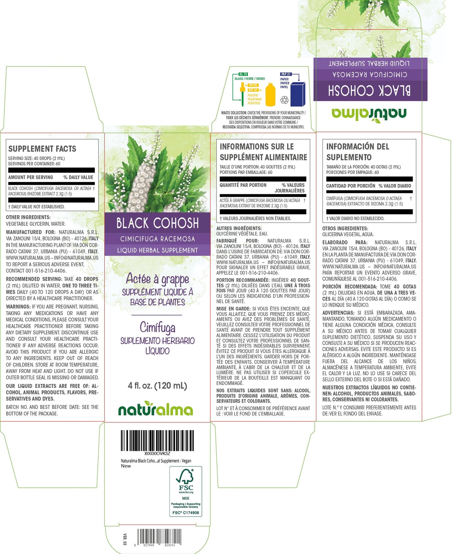 Naturalma Black Cohosh Rhizome Tincture - Alcohol-Free 4 fl oz Drops - Vegan Herbal Supplement