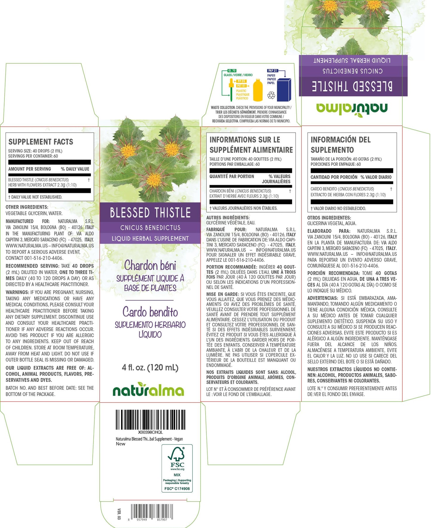 Naturalma Blessed Thistle Tincture 4 fl oz – Alcohol-Free Drops, Vegan