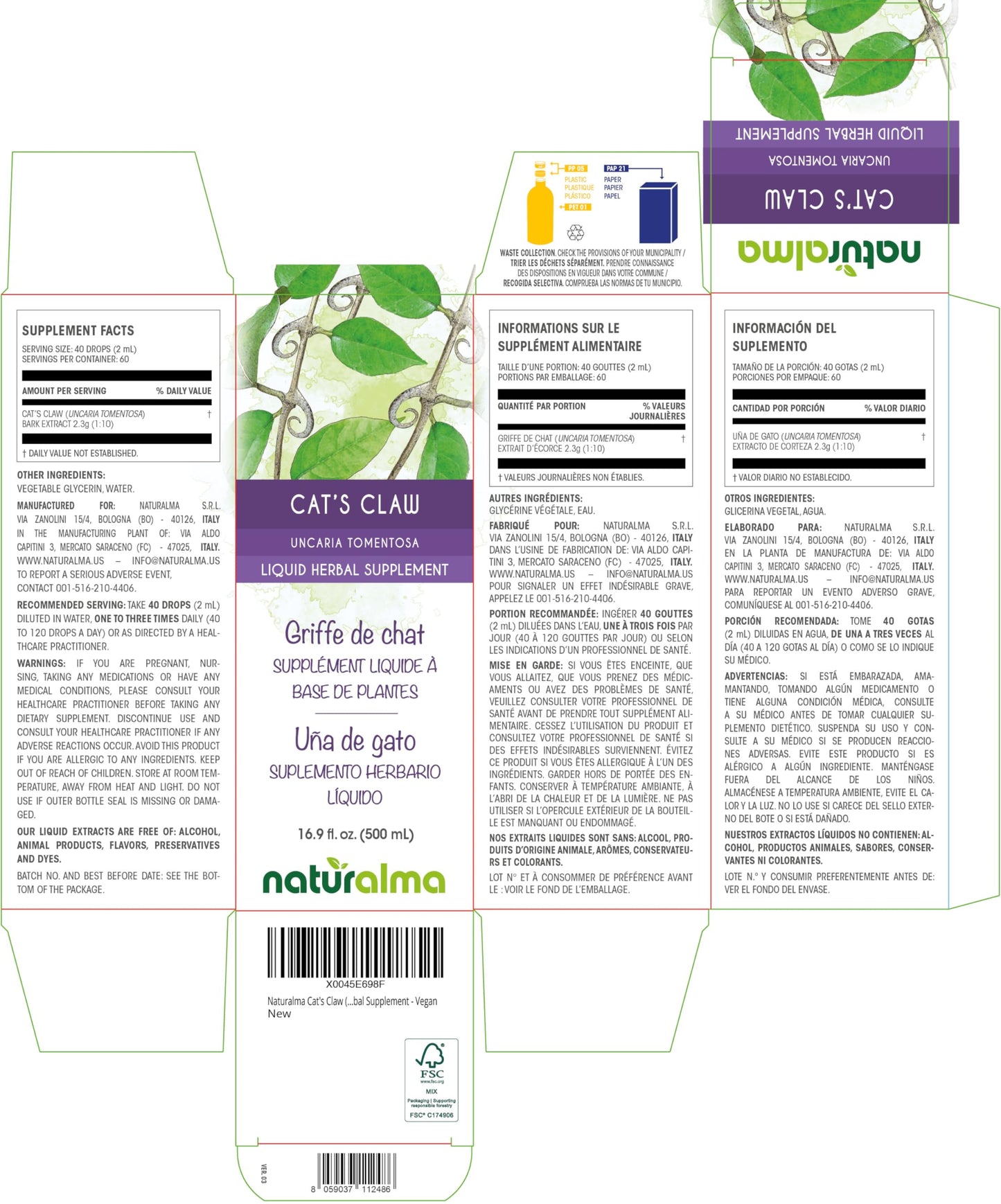 Naturalma Cat's Claw Bark Tincture (Uncaria tomentosa) - Alcohol-Free, 16.9 fl oz, Vegan