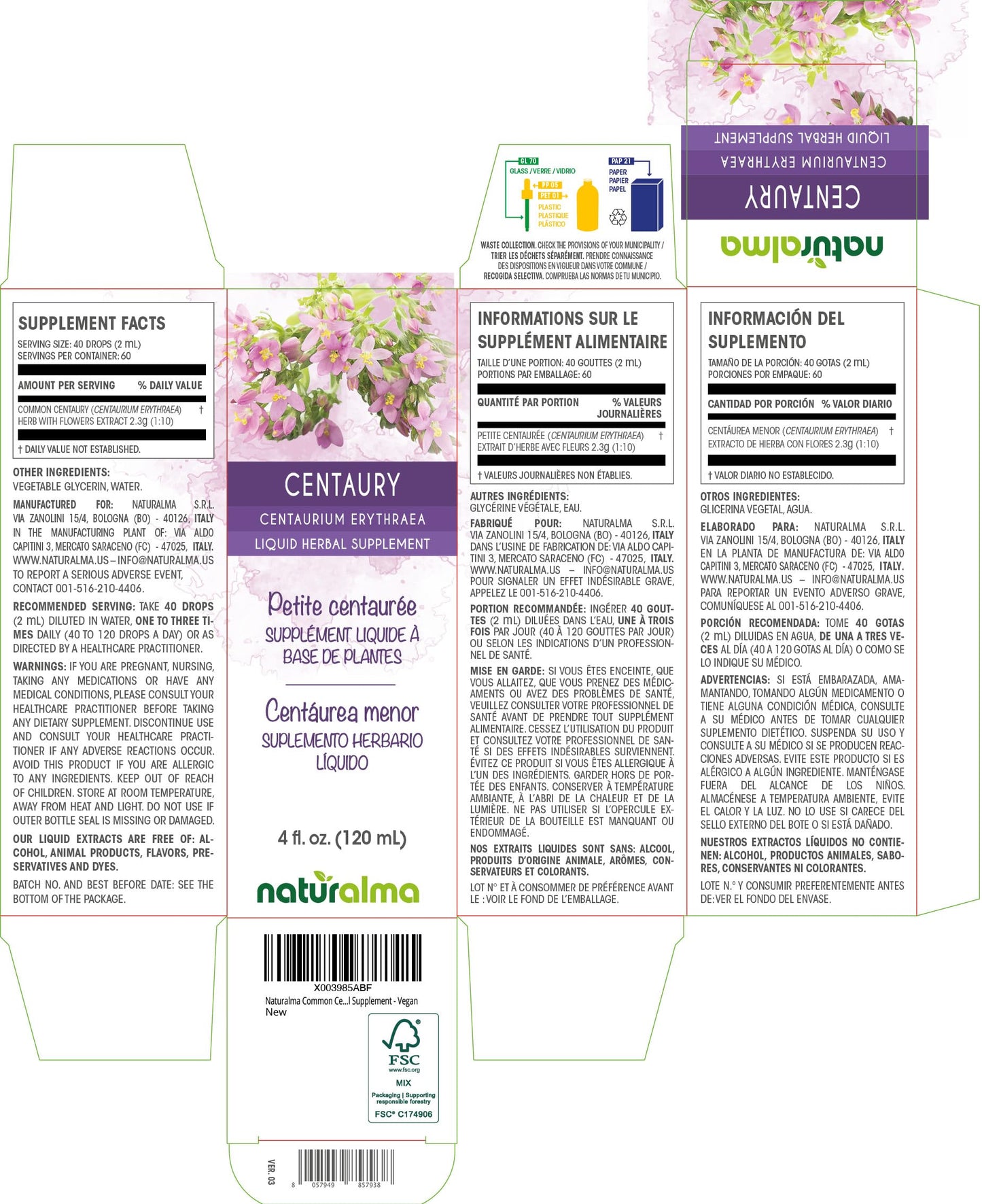 Naturalma Centaury Alcohol-Free Tincture (Centaurium erythraea) - 4 fl oz Drops - Herbal Supplement - Vegan - Made in Italy