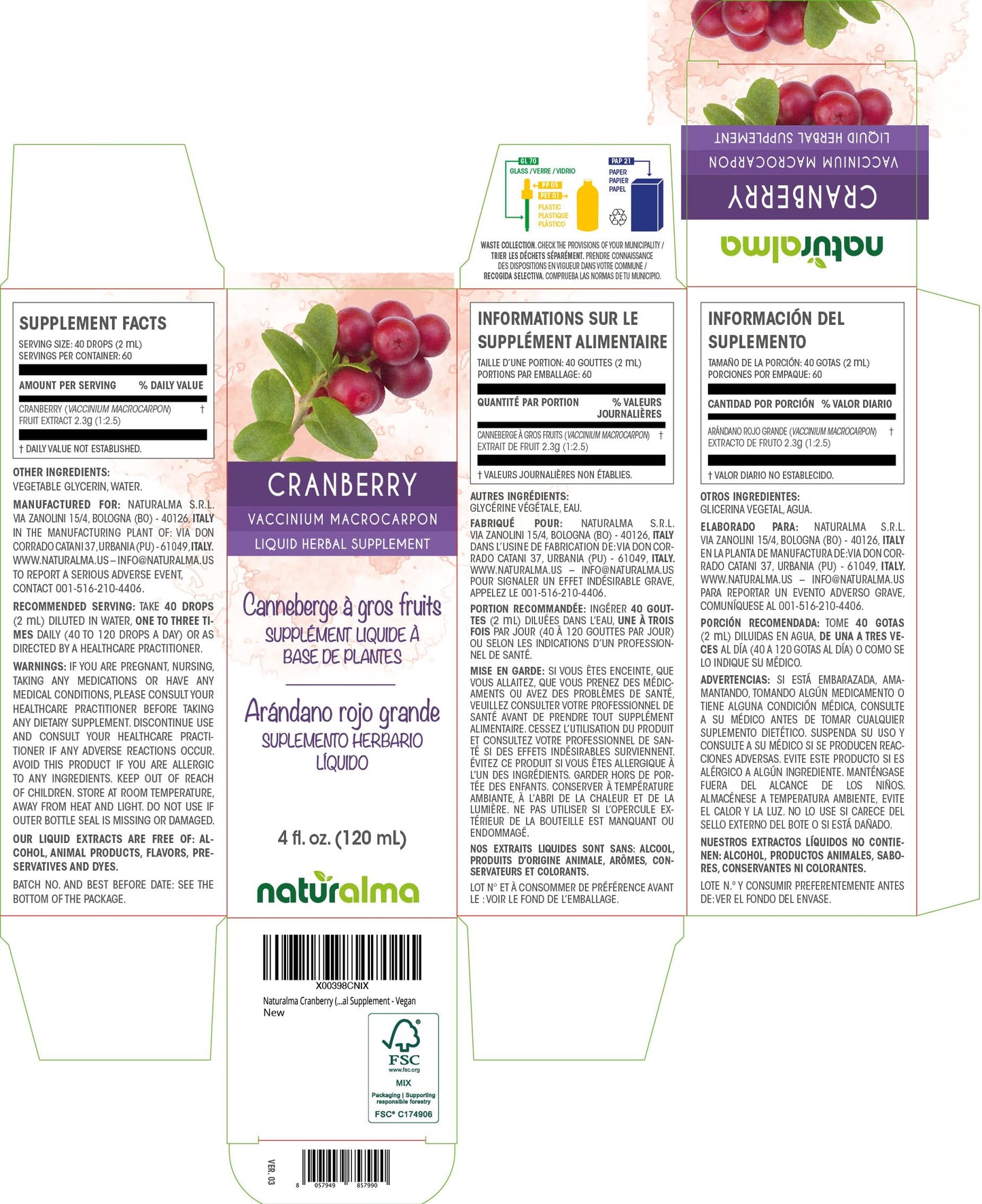 Naturalma Cranberry Alcohol-Free Tincture – 4 fl oz Drops | Vegan Herbal Supplement