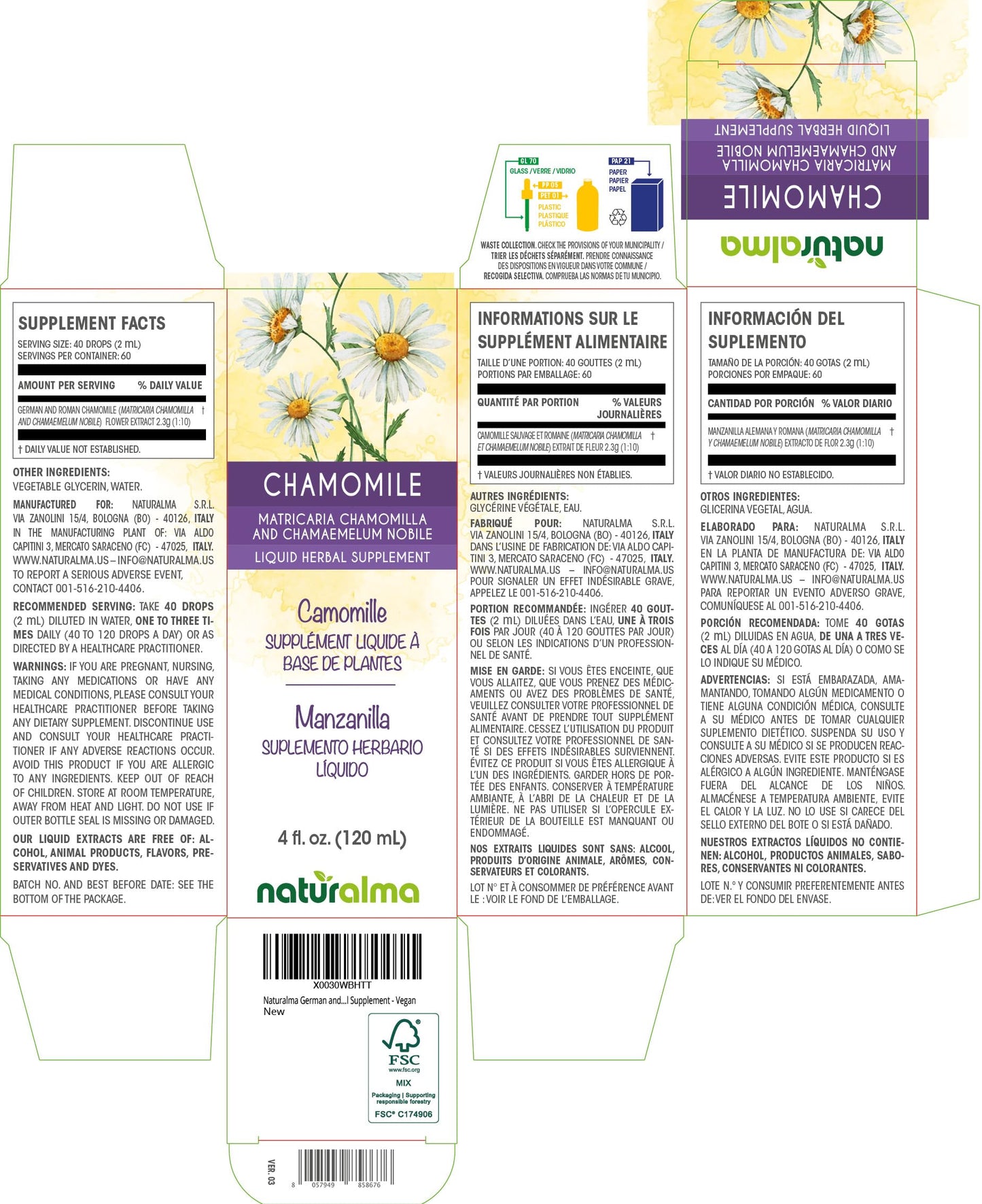 Naturalma German & Roman Chamomile Tincture - Alcohol-Free, Vegan (4 fl oz)