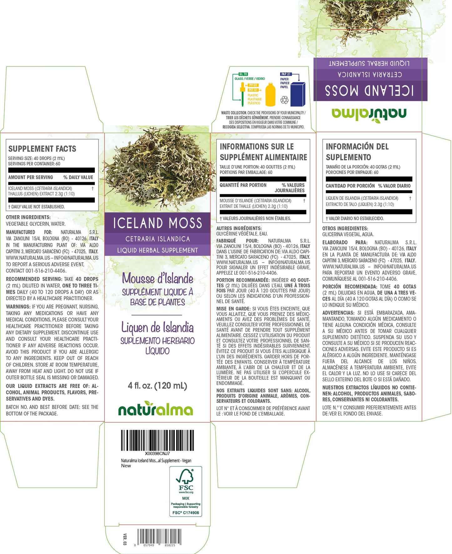 Naturalma Iceland Moss Tincture 4 oz | Alcohol-Free, Vegan | Cetraria islandica