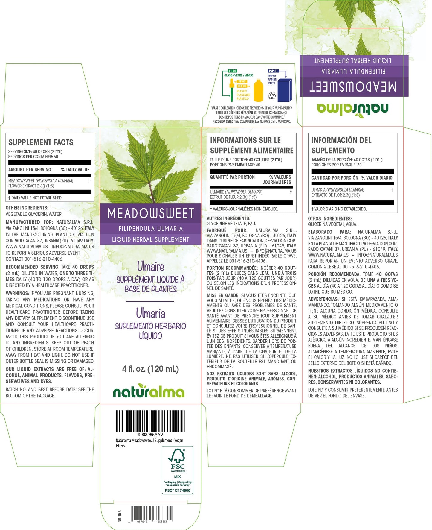 Naturalma Meadowsweet Flower Tincture - Alcohol-Free 4 oz Drops | Vegan