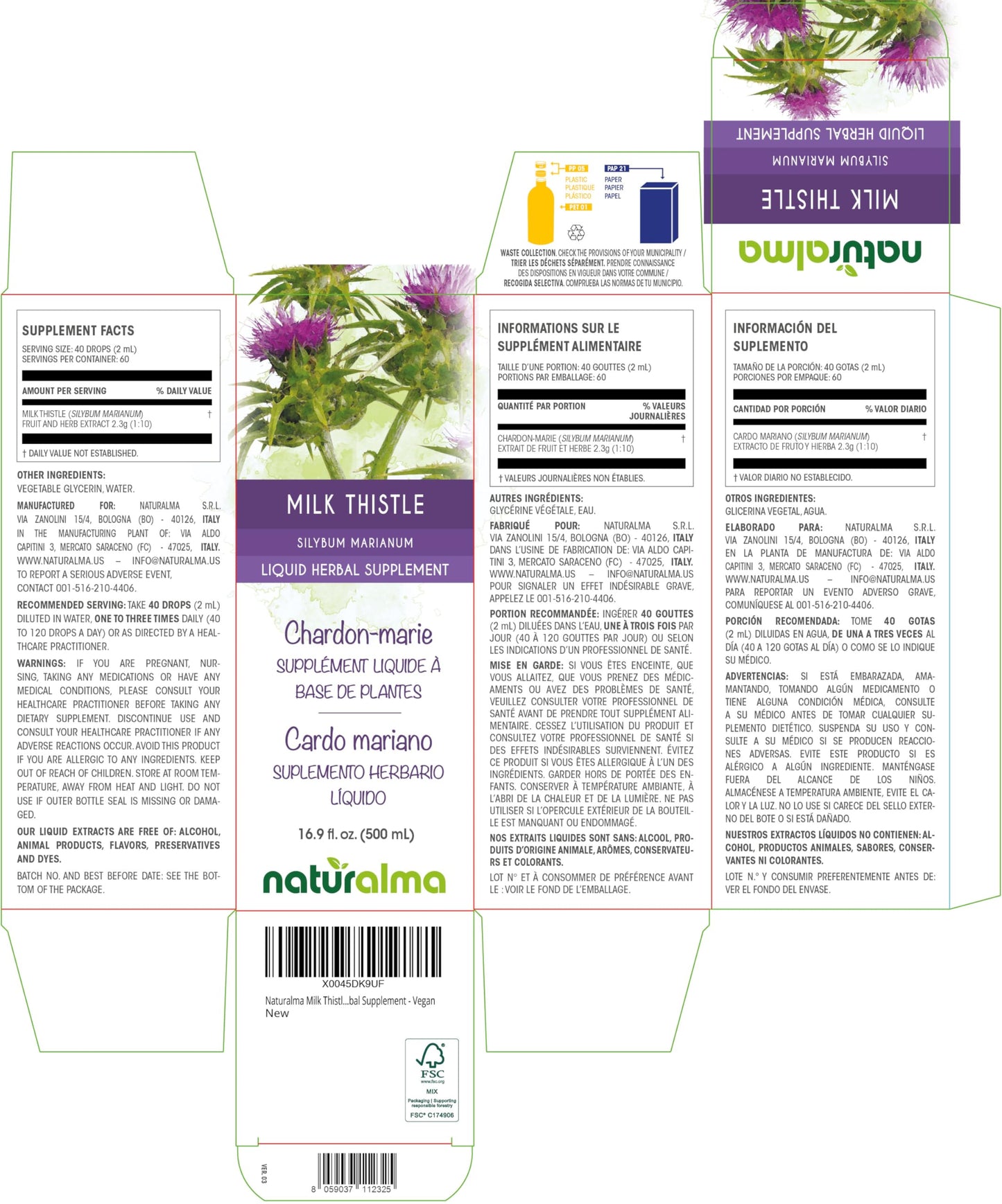 Naturalma Milk Thistle Liquid Extract 1:10 – Alcohol-Free Tincture, 16.9 fl oz (500 ml) – Vegan, Made in Italy