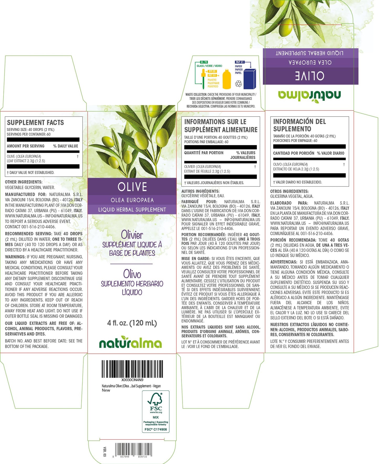 Naturalma Olive Leaf Alcohol-Free Tincture – 4 fl oz Drops | Vegan Herbal Supplement