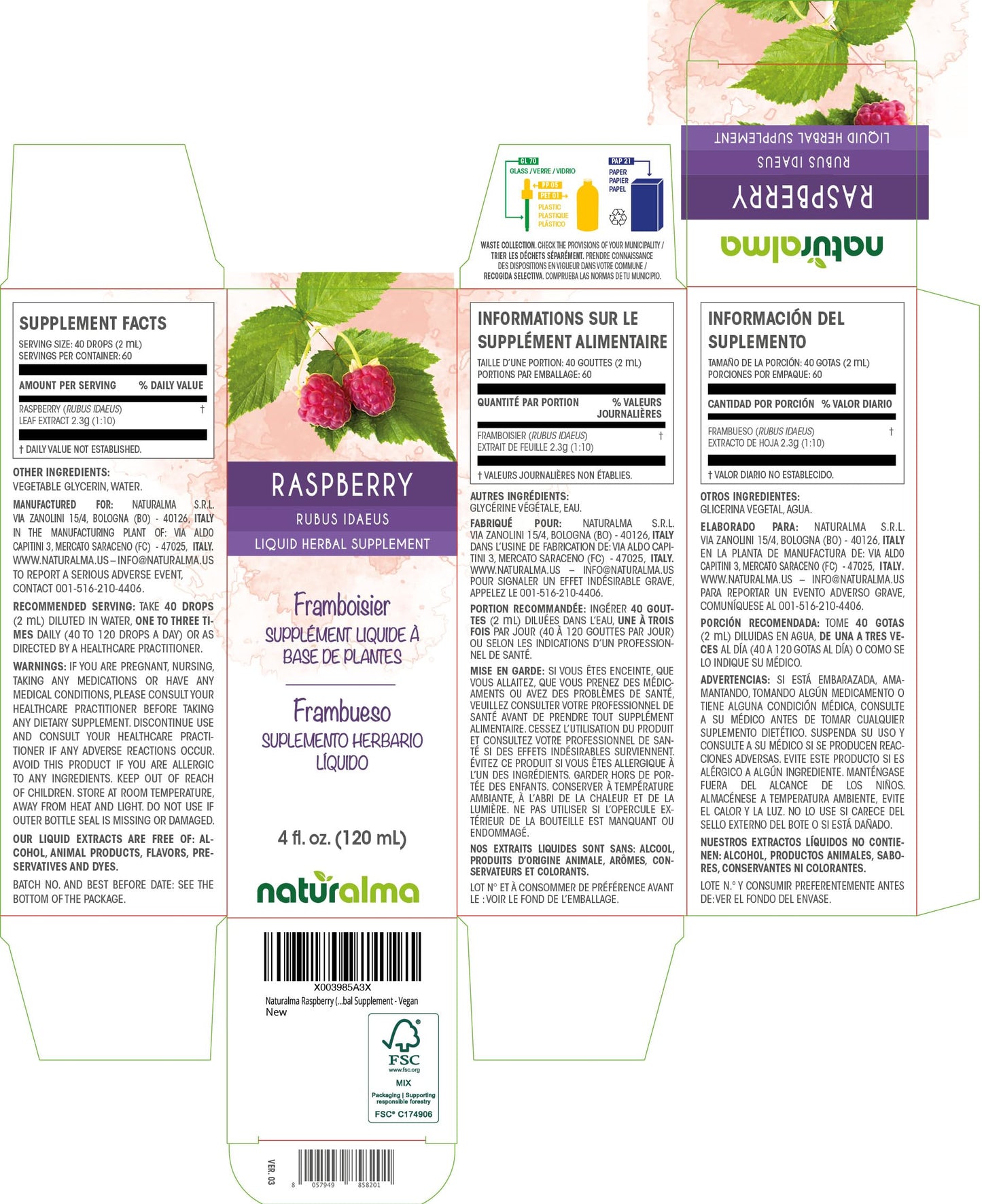 Naturalma Raspberry Leaf Tincture - Alcohol-Free, 4 fl oz Vegan Drops