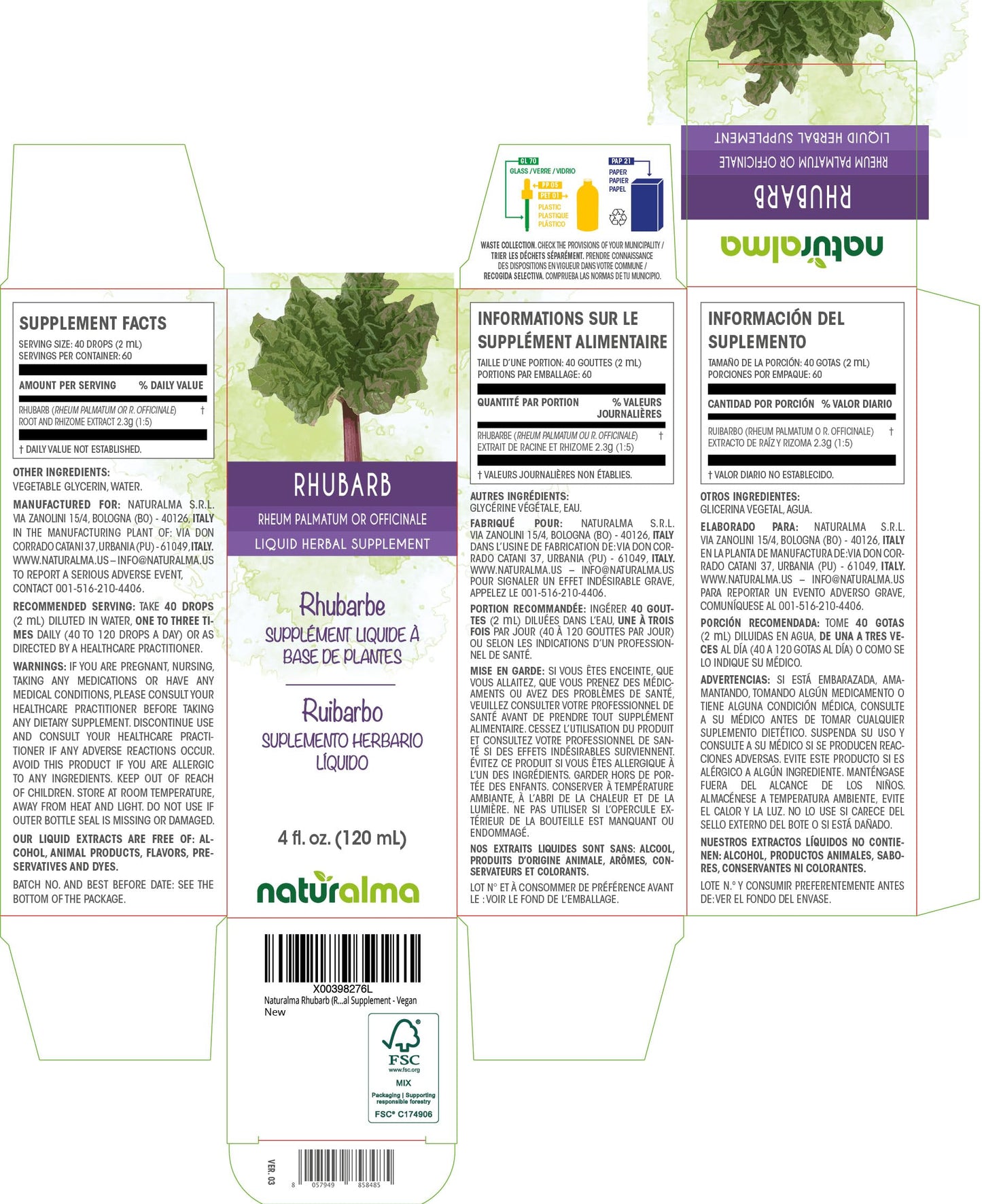 Naturalma Rhubarb Root & Rhizome Tincture – Alcohol-Free, 4 fl oz Drops, Vegan