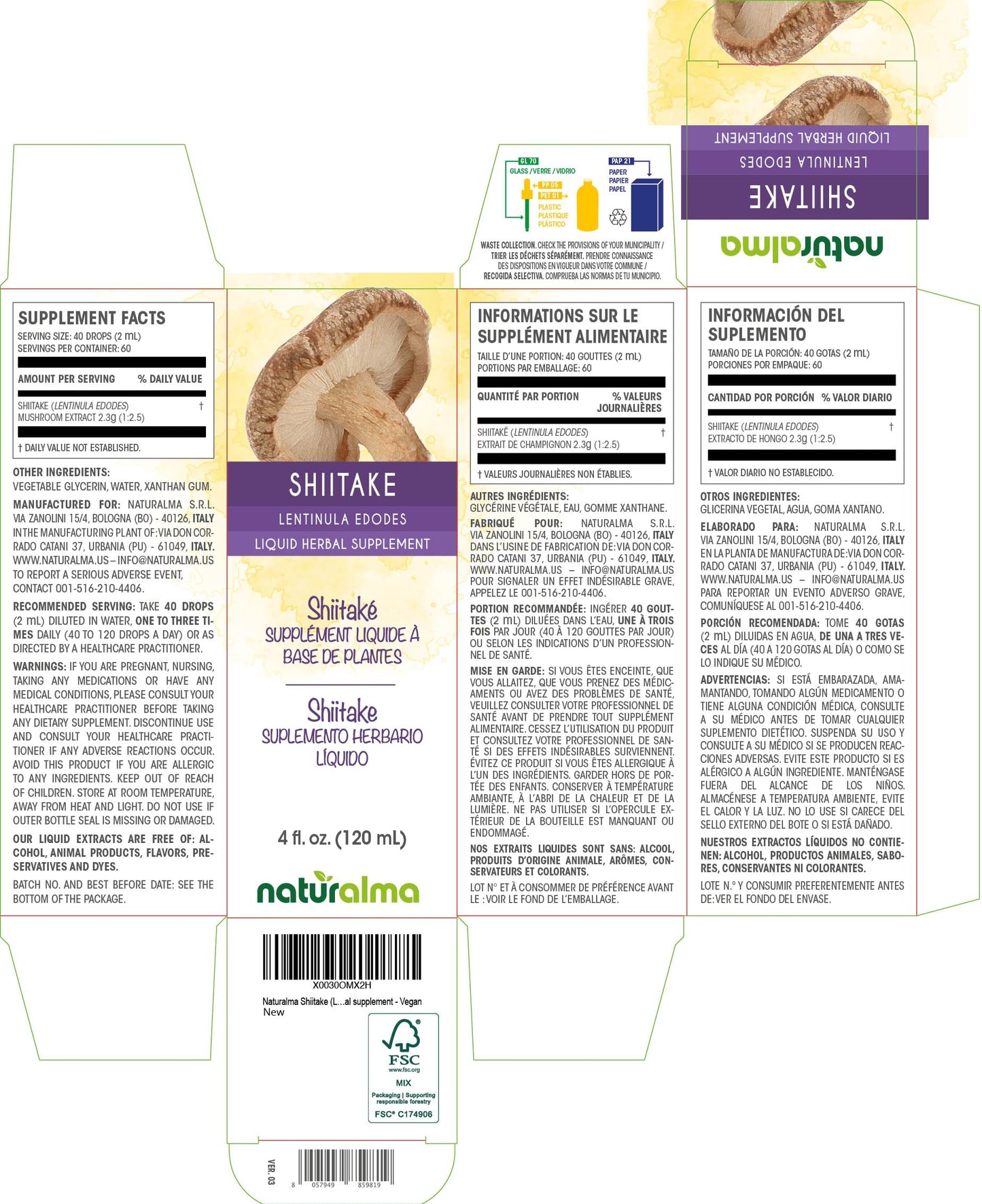 Naturalma Shiitake Tincture 4 fl oz – Alcohol-Free Mushroom Extract – Vegan – Product of Italy