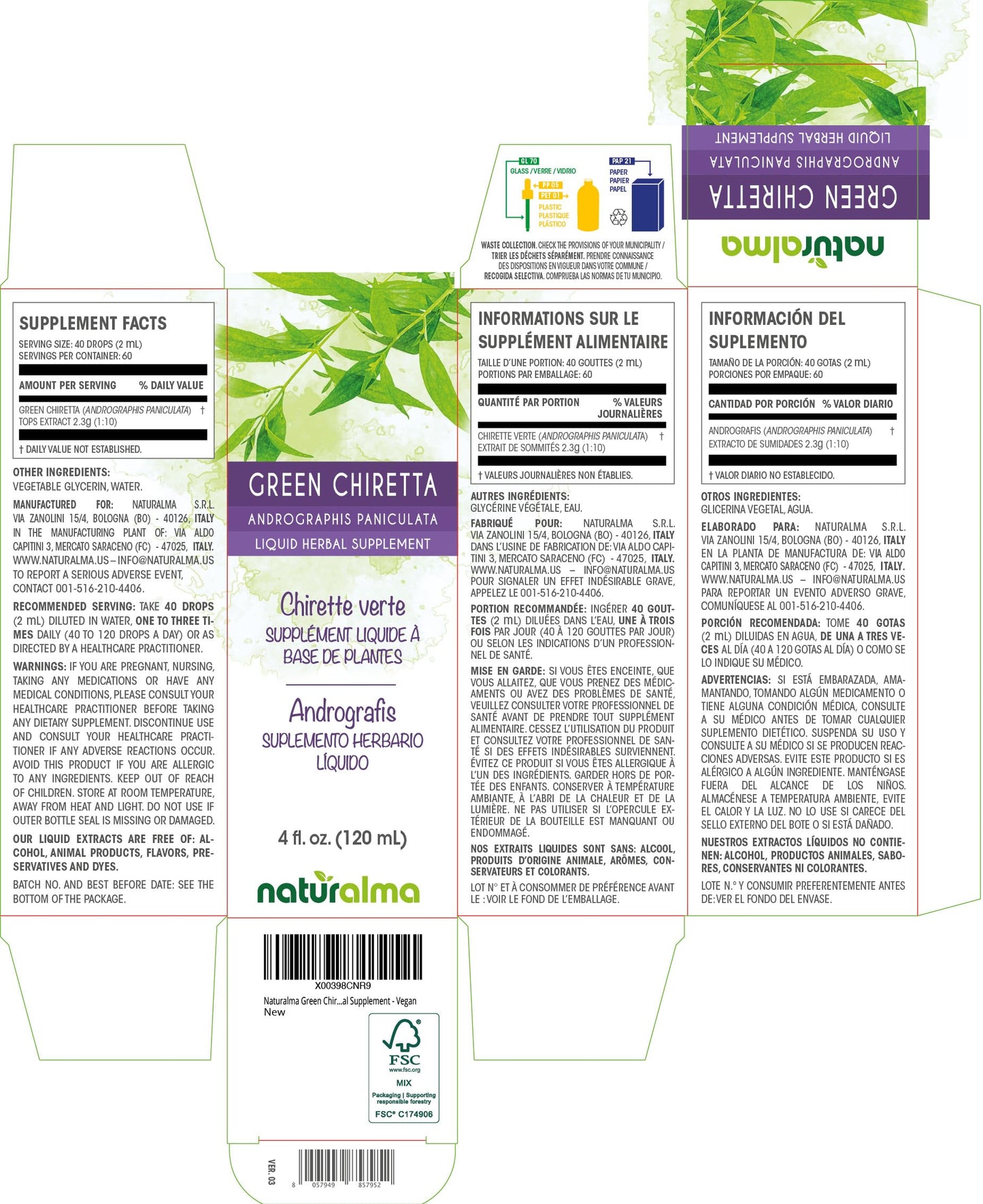 Naturalma Green Chiretta Tincture (Andrographis paniculata) - Alcohol-Free Drops 4 oz | Vegan