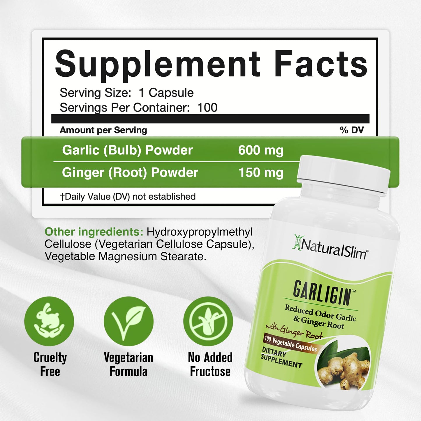 NaturalSlim Garligin Odorless Garlic with Ginger - Immune Support, Metabolism & Digestion - 100 Capsules
