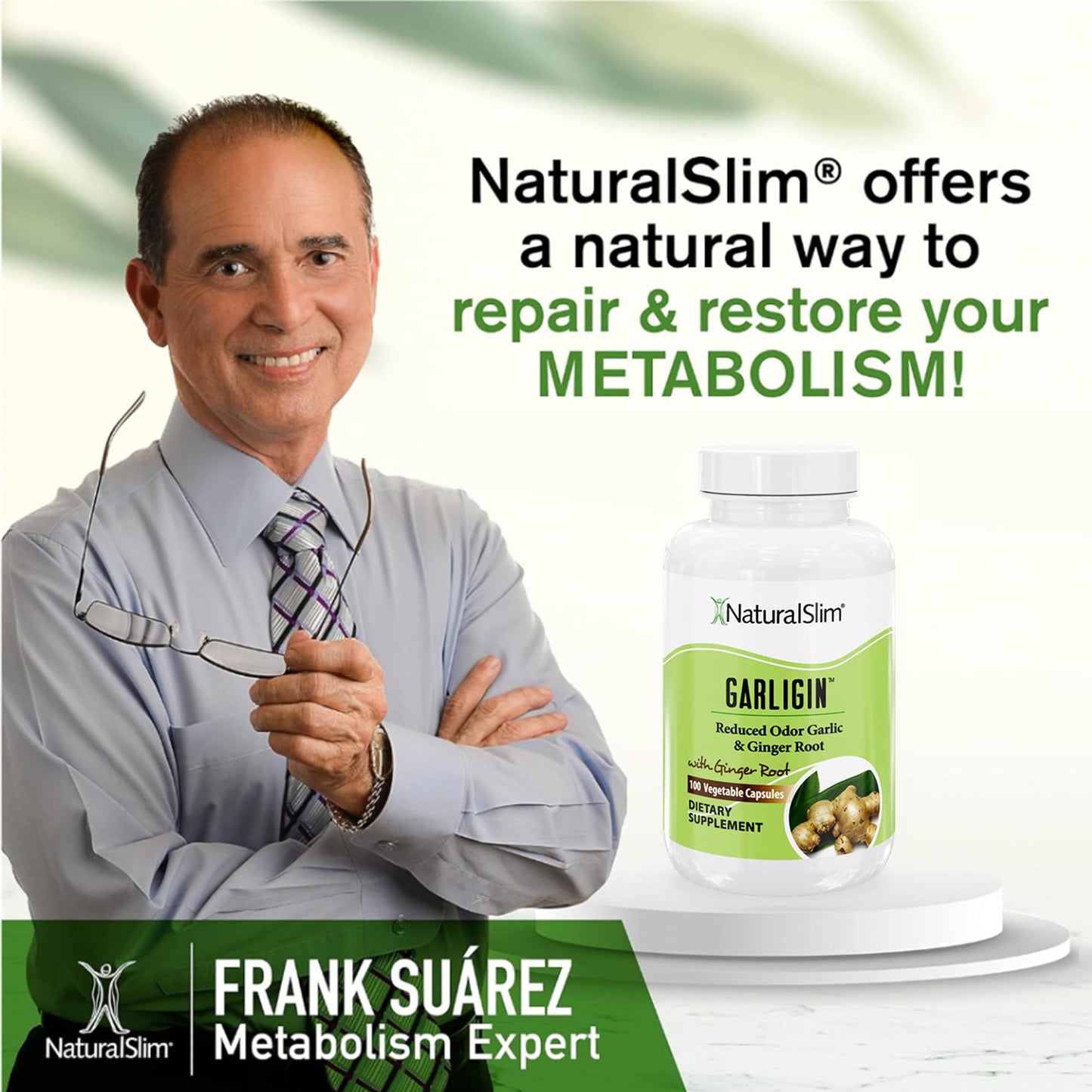 NaturalSlim Garligin Odorless Garlic with Ginger - Immune Support, Metabolism & Digestion - 100 Capsules