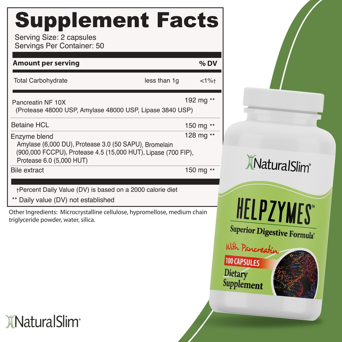 NaturalSlim Helpzymes Enzyme Complex – Bromelain, Ox Bile, Pancreatin & Betaine HCl, 2-Pack (100 Capsules)