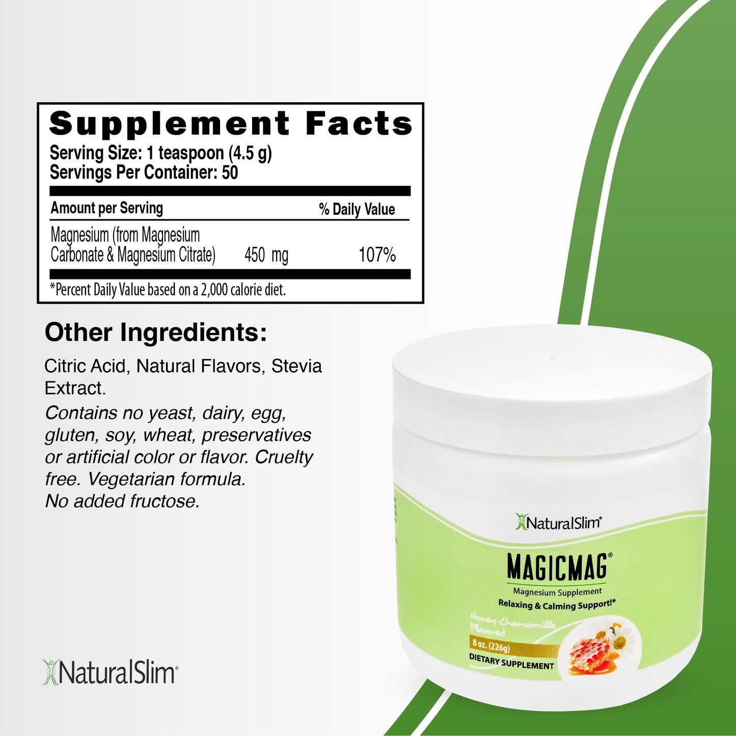 NaturalSlim MagicMag Honey Chamomile Magnesium Citrate Powder – 8oz Drink Mix (2 Pack)