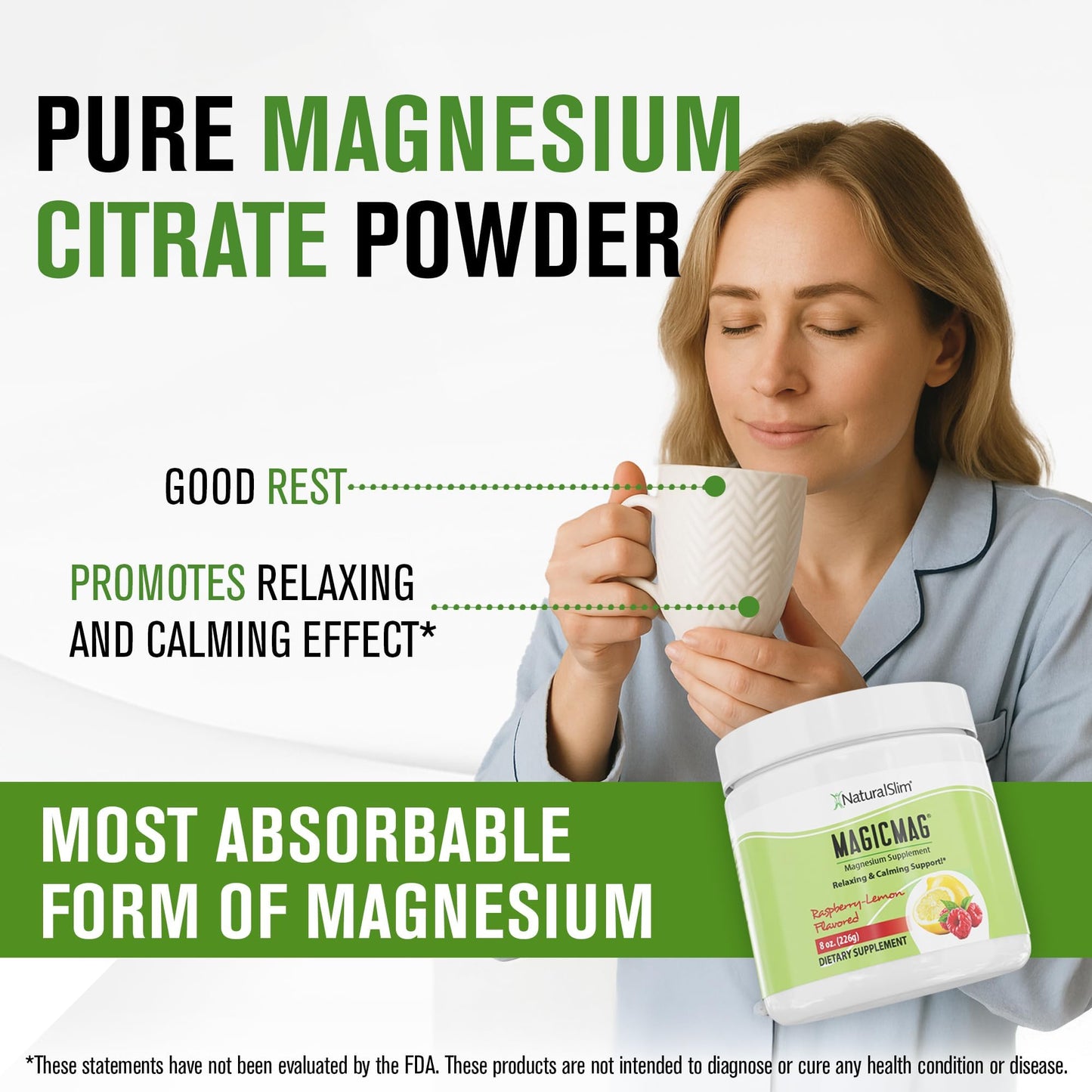 NaturalSlim MagicMag Pure Magnesium Citrate Powder – Raspberry Lemon Drink Mix (8oz, 3 Pack)