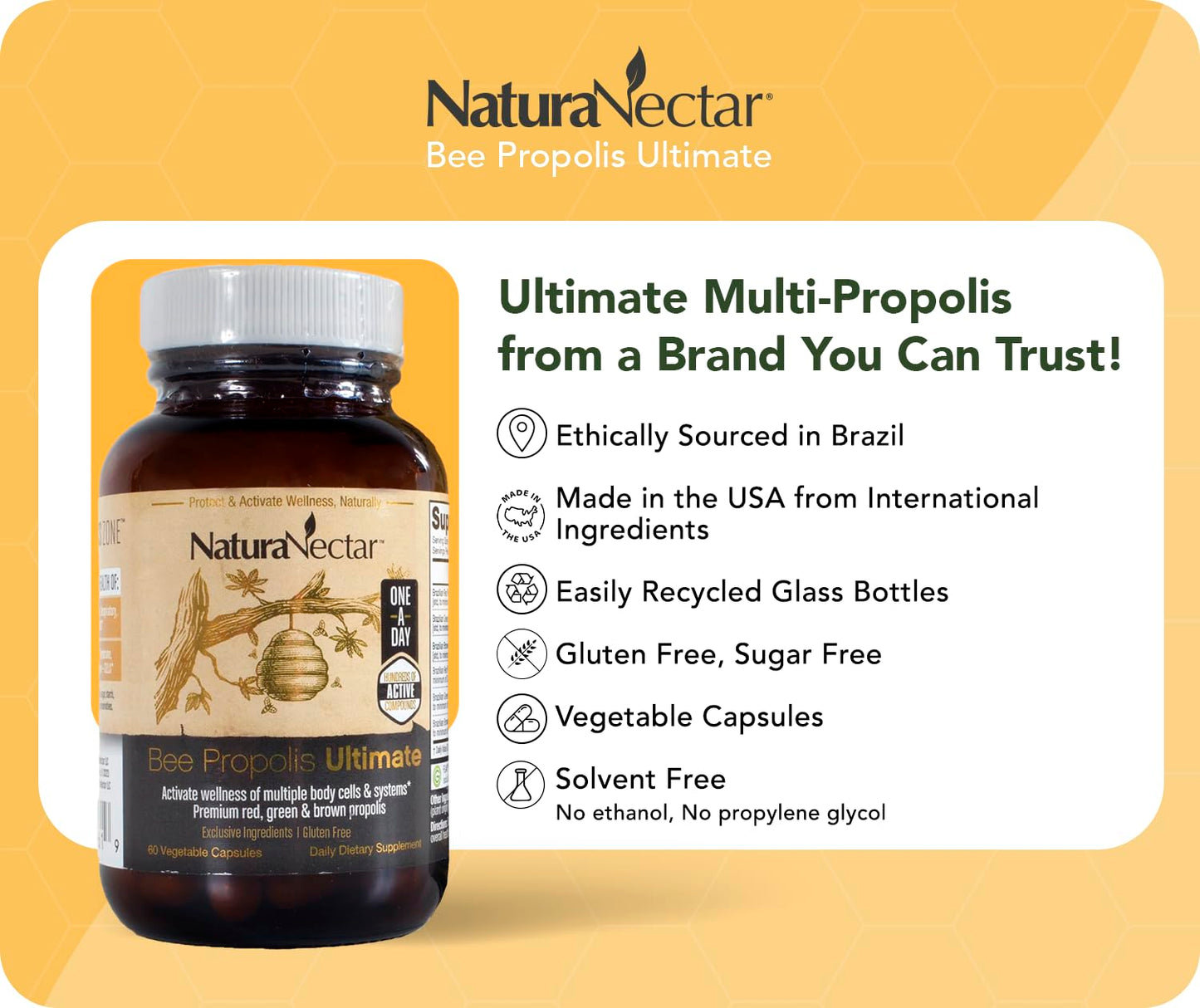 NaturaNectar Ultimate Bee Propolis Capsules - NSF Certified, Gluten-Free (60pcs)