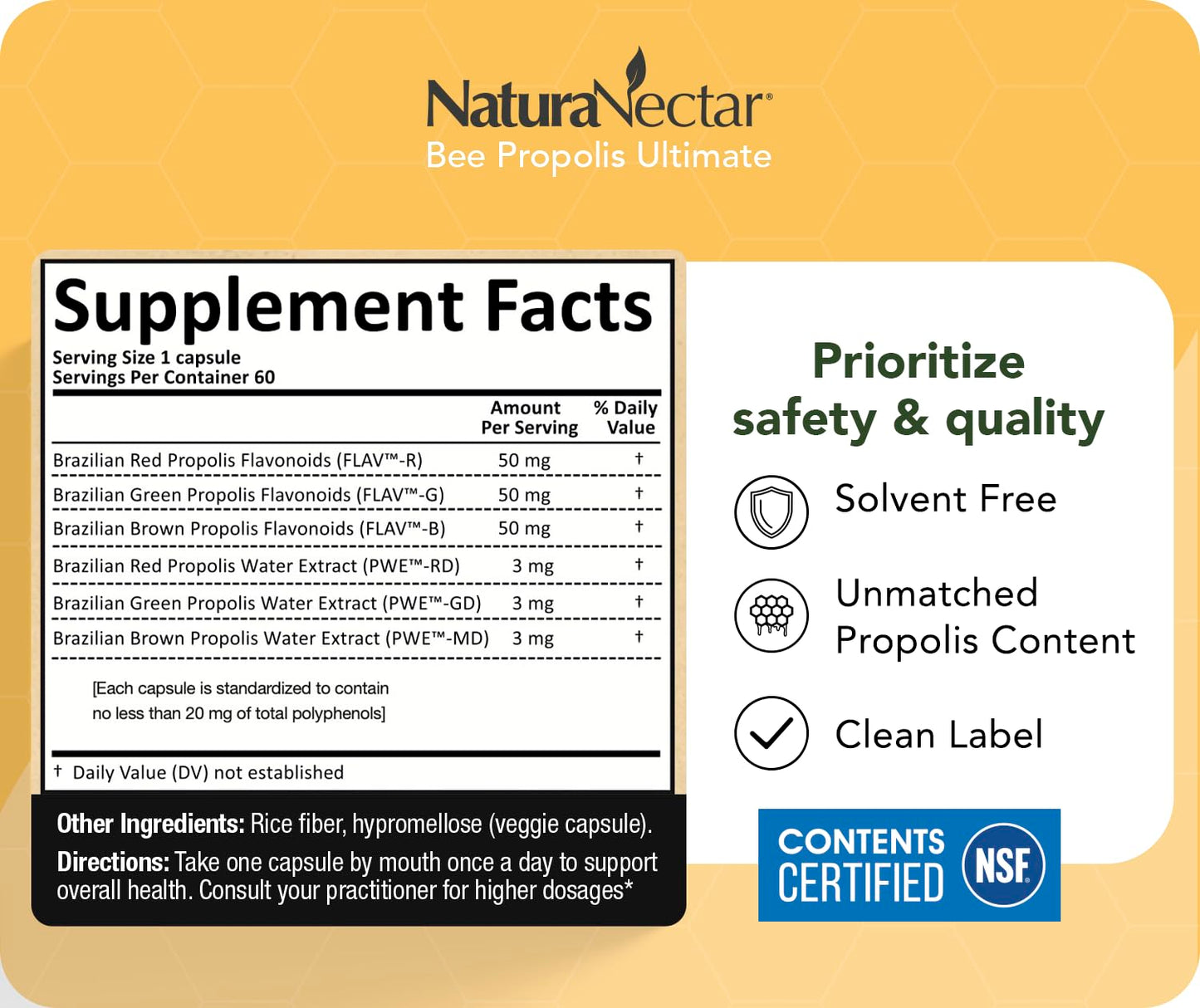 NaturaNectar Ultimate Bee Propolis Capsules - NSF Certified, Gluten-Free (60pcs)