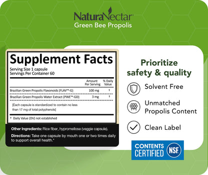 NaturaNectar Green Bee Propolis Capsules – NSF Certified, Gluten-Free