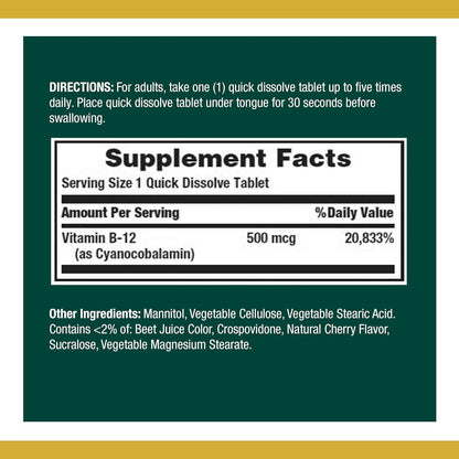 Nature's Bounty B-12 500 mcg Sublingual Microlozenges - 100 Count (Pack of 2)