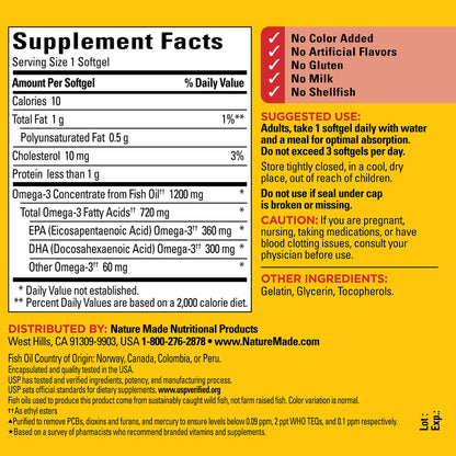 Nature Made Omega-3 Fish Oil 1200 mg Softgels – EPA/DHA for Heart, Brain & Eyes
