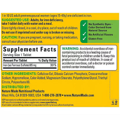 Nature Made Iron 65 mg (Ferrous Sulfate) Tablets — 365 ct | Red Blood Cell Support