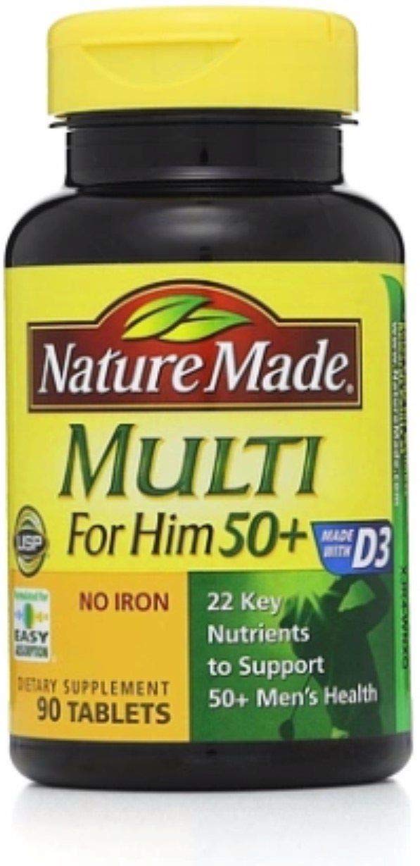 Nature Made Multi for Him 50+ – 90 Tablets per Bottle x 4 Pack | Iron-Free