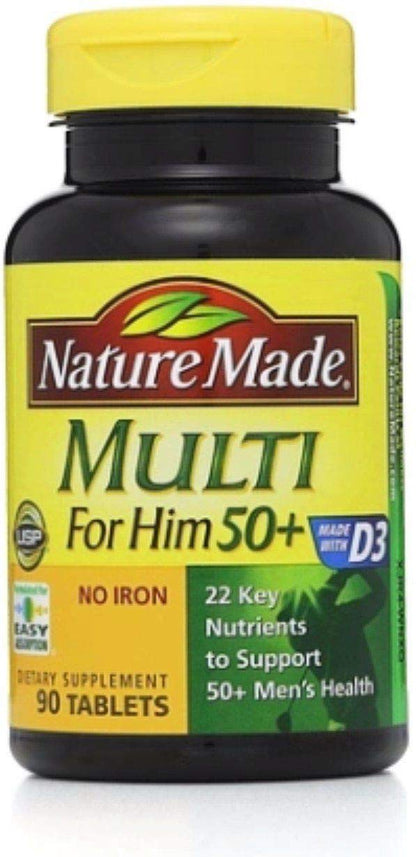 Nature Made Multi for Him 50+ – 90 Tablets per Bottle x 4 Pack | Iron-Free