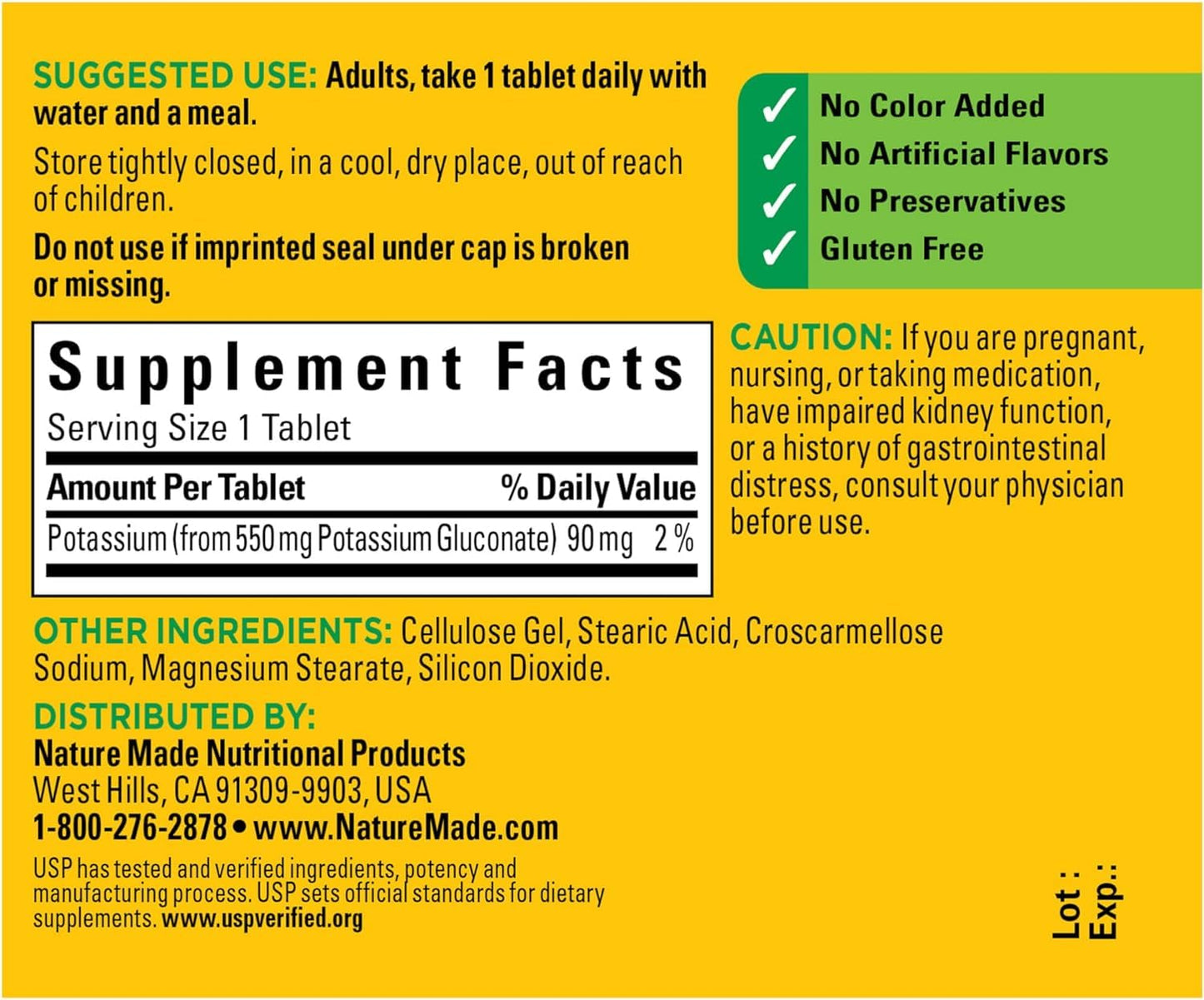 Nature Made Potassium Gluconate 550 mg, 100 Tablets | USP Verified