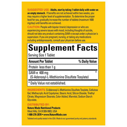 Nature Made SAM-e Complete 400 mg - 60 Enteric Coated Tablets | Mood & Joint Support