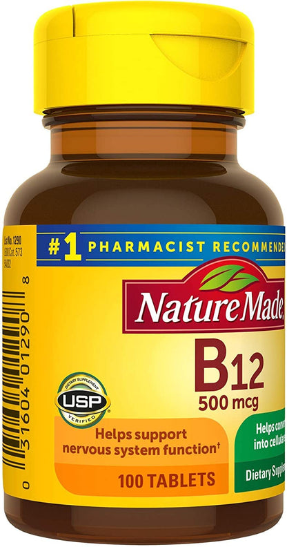 Nature Made Vitamin B-12 500 mcg Tablets - Pack of 2 (100 count per bottle) | 200 Tablets Total