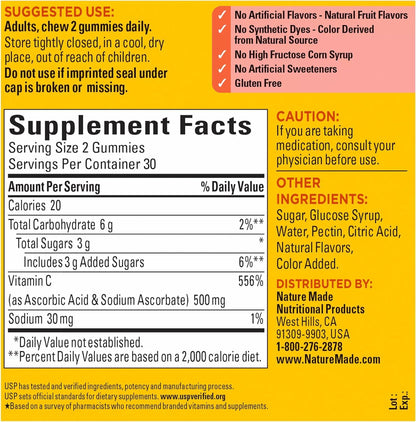 Nature Made Extra Strength Vitamin C 500 mg Gummies – Immune Support, Pack of 2 (60 Gummies Each)