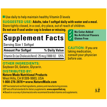 Nature Made Vitamin D3 1000 IU Softgels – 180 Count | Bone, Teeth, Muscle & Immune Health
