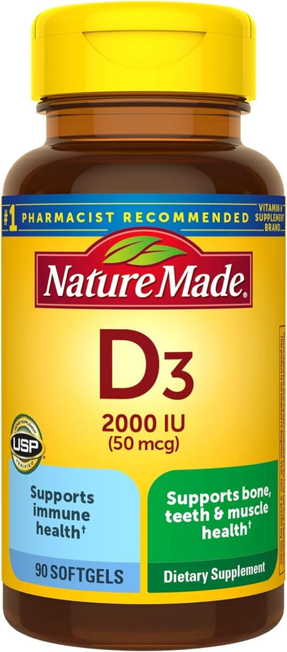 Nature Made Vitamin D3 2000 IU (50 mcg) 90 Softgels – Immune, Bones & Muscle Support