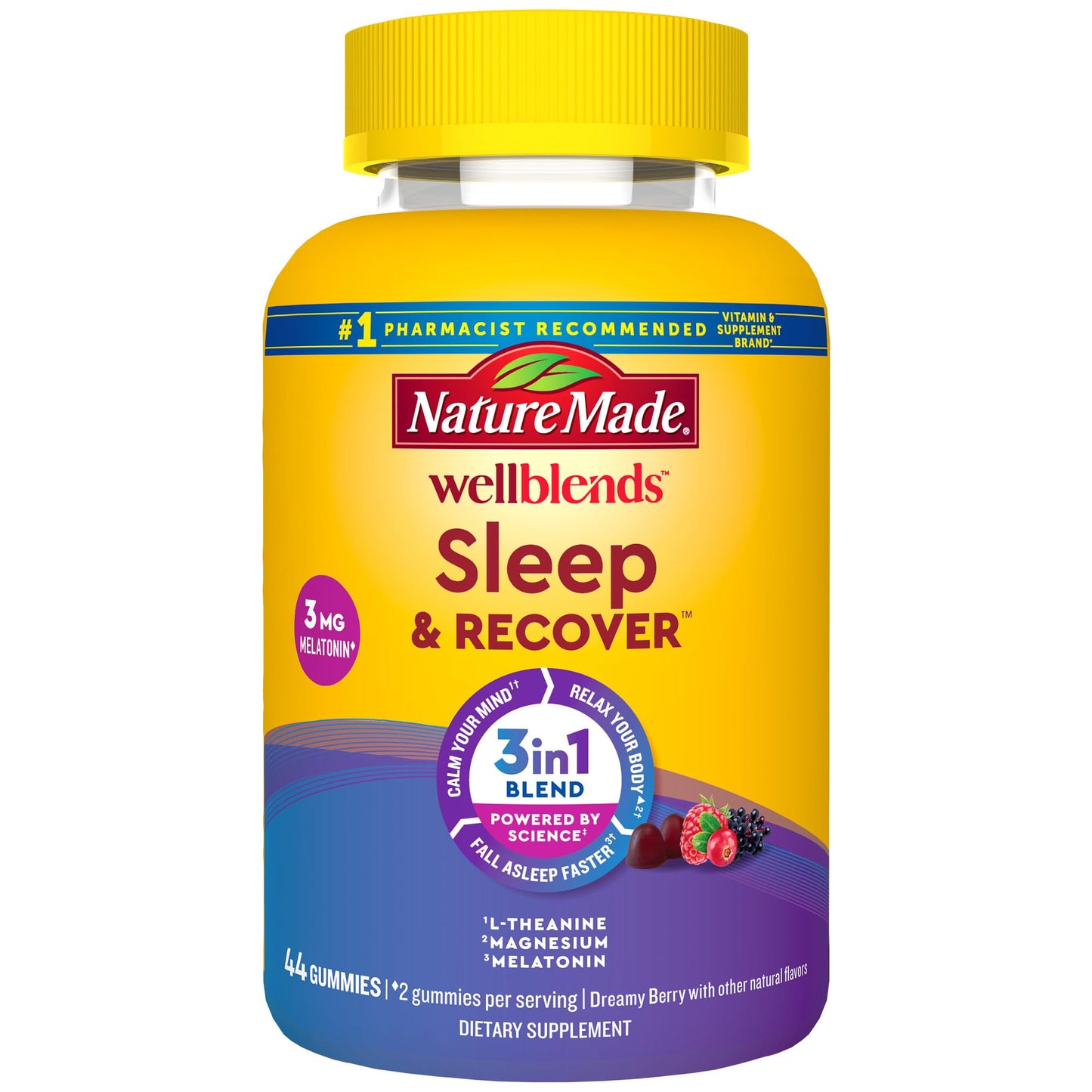 Nature Made Wellblends Sleep & Recover Gummies – Melatonin 3mg, L-Theanine 200mg, Magnesium 100mg (44 CT)